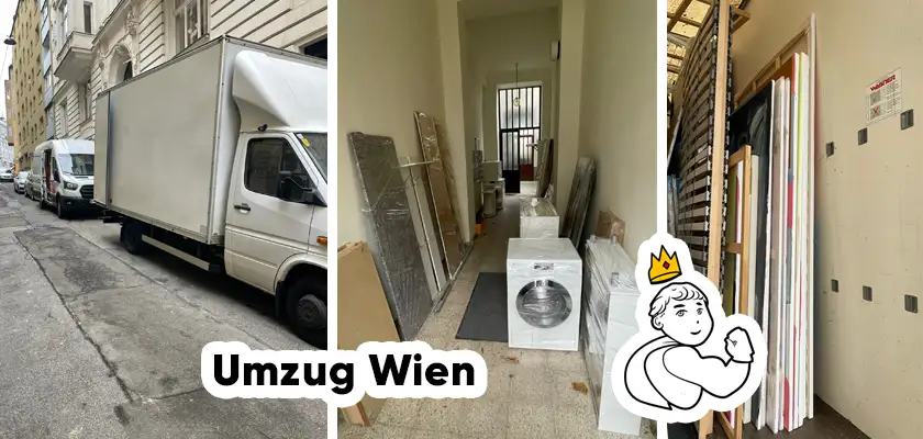 Unser Lieferwagen und verpackte Gegenstände während des Umzugs in Wien